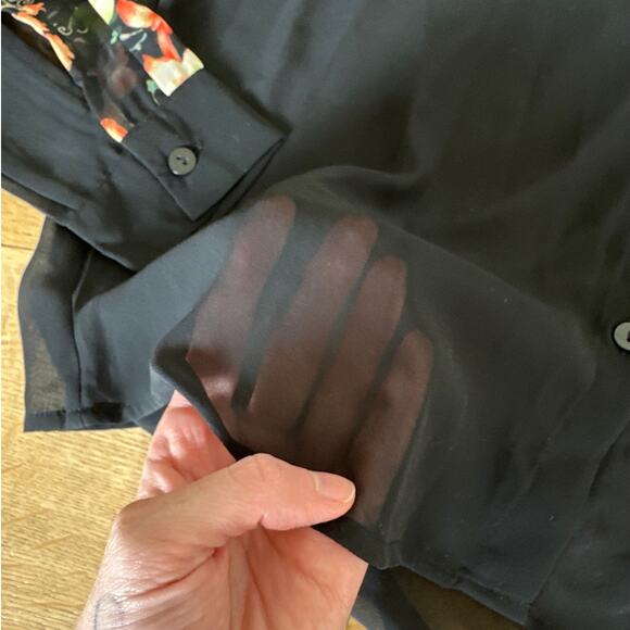 MONKL - Floral Sleeve Sheer Button front Blouse in Black & Pink - Picture 2 of 5